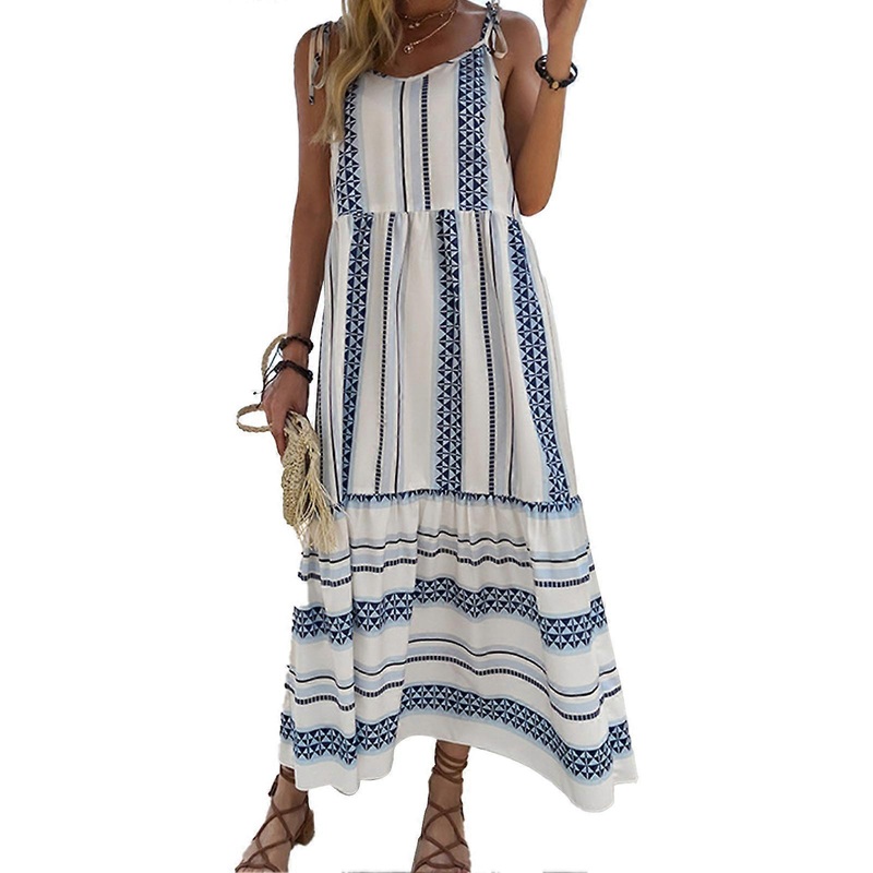 Women’s Summer Loose Dress Spaghetti Strap Seaside Maxi Dress Large Hem Striped Printed Casual Long Beach Dress Blue XL | Fruugo SG