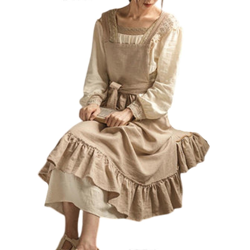 Women’s Vintage Cotton Linen Adjustable Ruffle Apron with Pockets Maid Costume Pinafore Dress for Cooking and Crafting  Oatmeal color Washed cotton | Fruugo SG