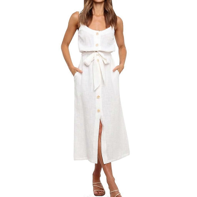 Women Summer Sleeveless Sexy V-Neck Button Front Midi Long Dress Solid Color Crinkled Belted High Waist Slim Sundress with Pockets  White | Fruugo SG
