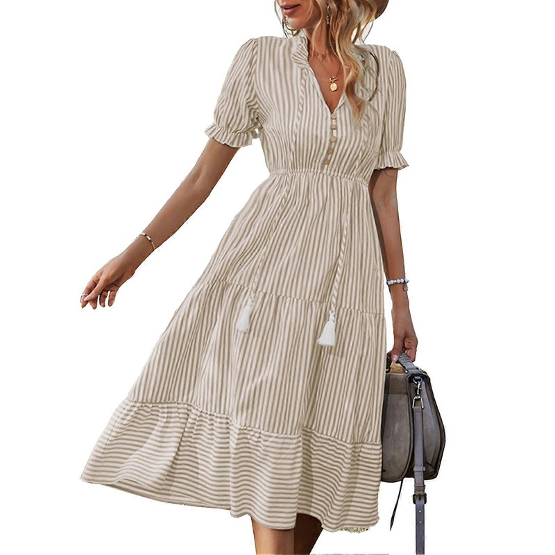 Women Summer Striped Dress Button Frill Trim Stand Collar Ruffle Splicing V Neck Tassel Tie Dress Khaki M | Fruugo SG