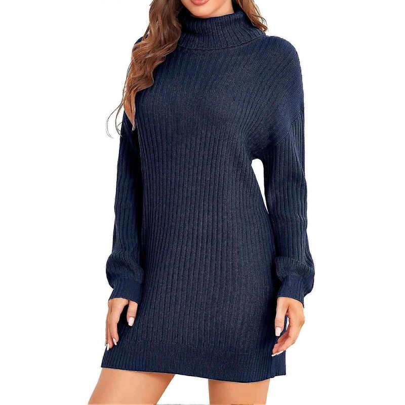 Women Turtleneck Sweater Dress Elegant Casual Loose Pure Color Long Sleeve Pullover Rib Knit Dress for Office Dark Blue XL | Fruugo SG
