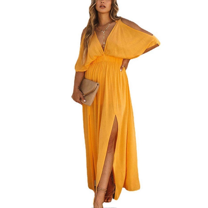 Women V Neck Dress Cold Shoulder Side Slit Backless Elastic High Waist Summer Maxi Dress Yellow L | Fruugo SG