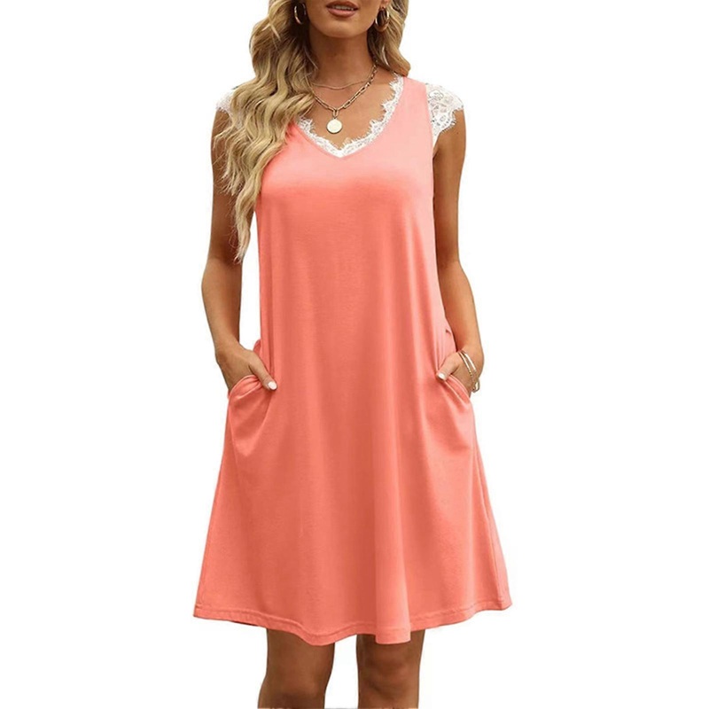 Women V Neck Dress Lace Stitching Side Pockets Pure Color Loose Hem Casual Short Dress Orange S | Fruugo SG