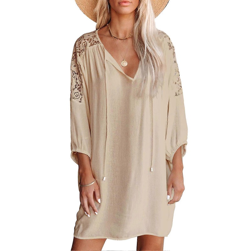 Women V Neck Dress Lace Three Quarter Sleeves Loose Waist Summer Casual Short Dress Khaki M | Fruugo SG