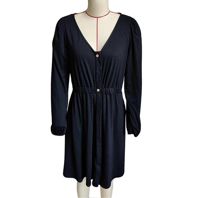 Women V Neck Dress Long Sleeves Button Trim Elastic Waist Casual Dress for Daily Wear Black L | Fruugo SG