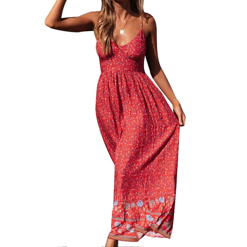 Women V Neck Floral Print Dress Elegant Midi Elastic Waist Low Cut Spaghetti Strap Dress for Dating Red L | Fruugo SG