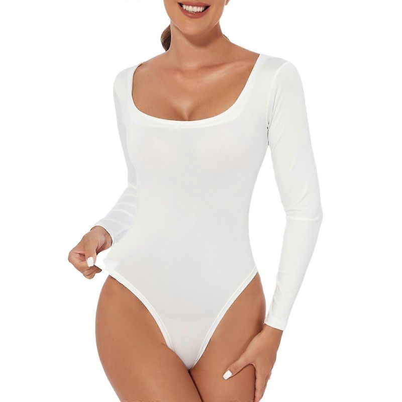 Womens Long Sleeve Square Neck Bodysuits Plain Solid Color Basic Bodycon Slim-Fitted Top Stretchy Jumpsuits Leotard  White XXXL | Fruugo SG