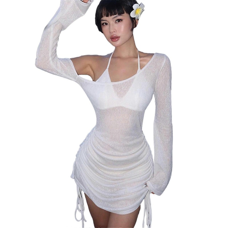 Womens Sexy See Through Long Sleeve Mini Dress Side Ruched Drawstring Off Shoulder Package Hip Dresses Beach Cover Up  White S | Fruugo SG