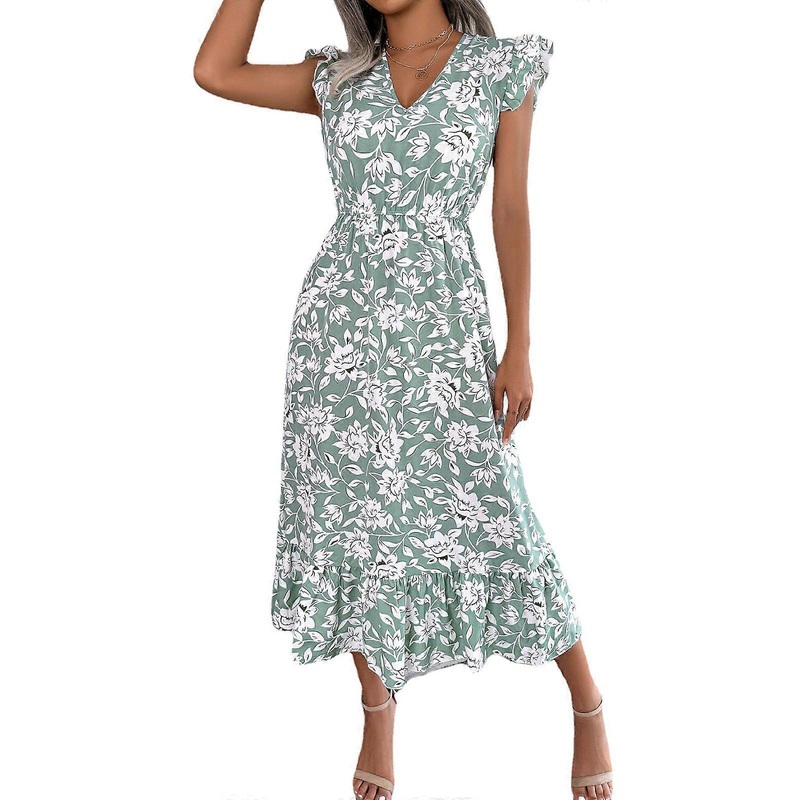 Womens Summer Floral Print Sleeveless V-Neck Beachwear Party Dress Elegant High Waist A-Lline Dresses  light green XL | Fruugo SG