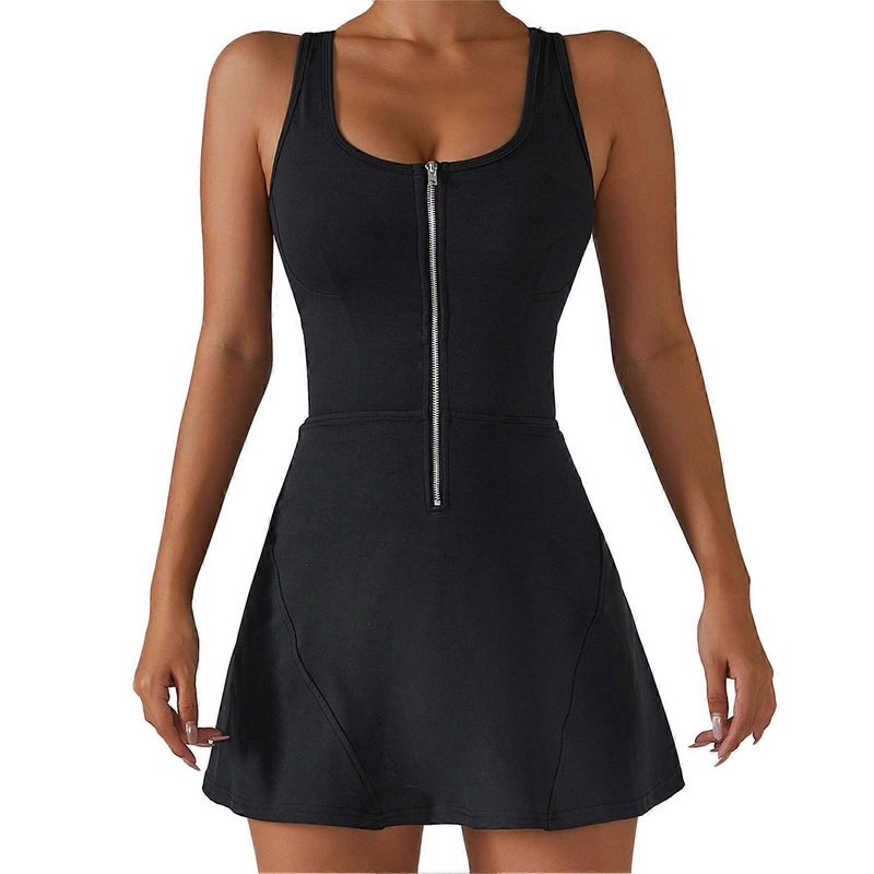 Womens Tennis Dress Sleeveless U Neck Metal Zipper Closure Sports Dress with Anti Emptied Leggings Chest Pad for Gym Black S | Fruugo SG