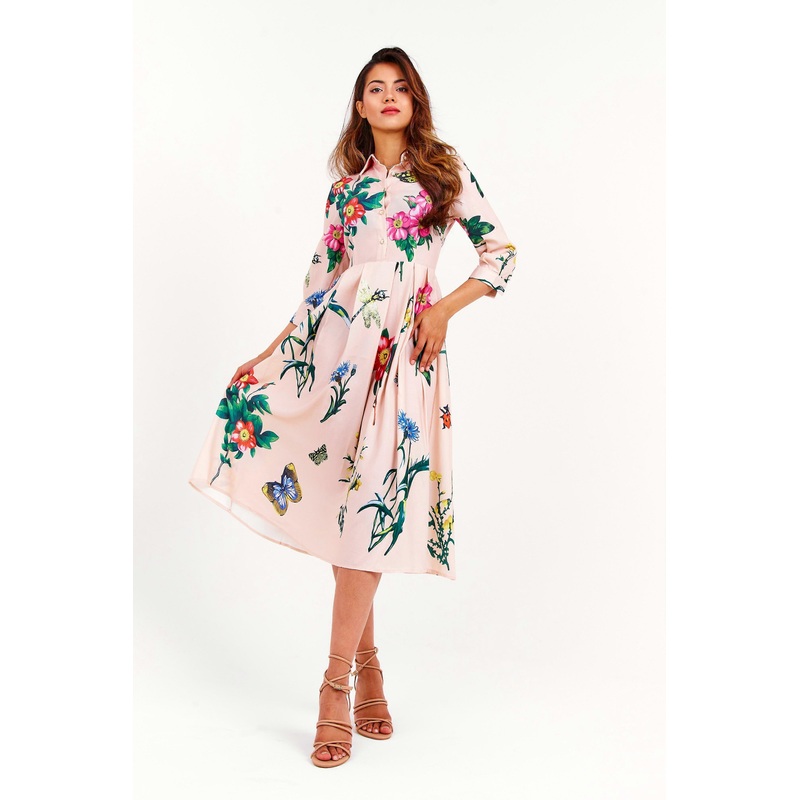 Beige Floral Pleated Midi Dress | Fruugo SG