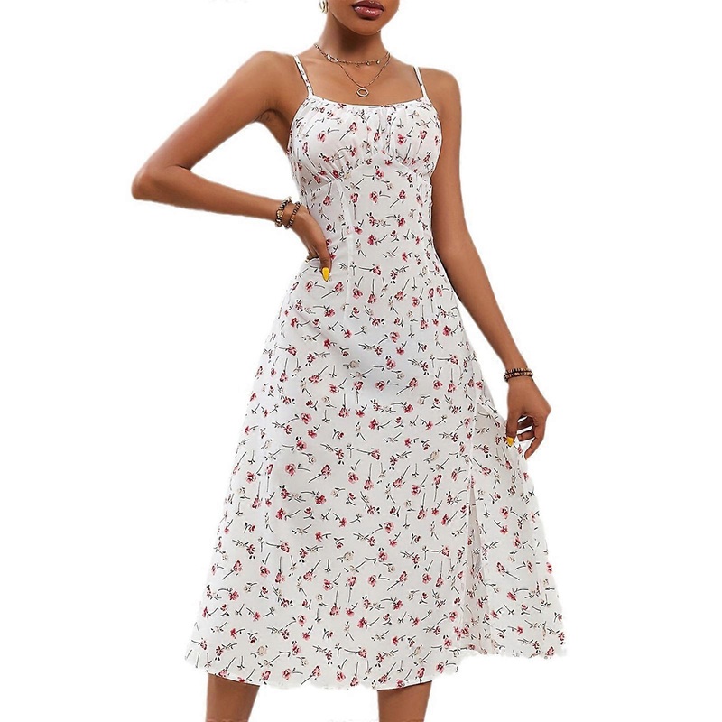 Elegant Print Dress with Side Slit Square Neck Open Neck Midi Dresses Fashionable Casual Beach and Party Dress for Women  XL White | Fruugo SG