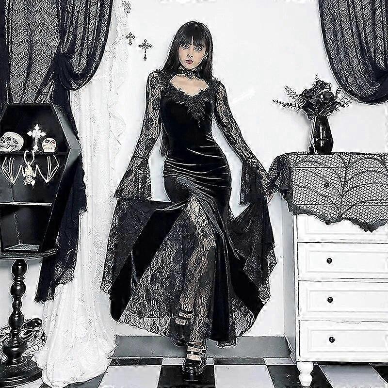 Goth Lace Patchwork Fishtail Dress Women Retro Velet Transparent Embossed Long Sleeve Harajuku Ruched Lolita Dress | Fruugo SG