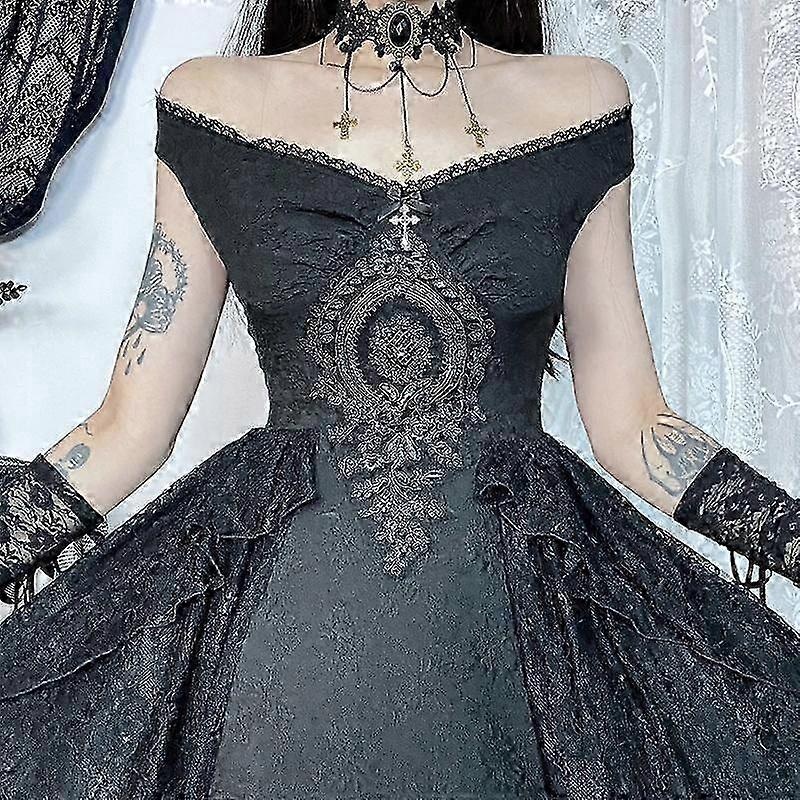 Gothic Folds Corsets A Line Dress Black Off Shoulder Ball Gown Women Grunge Vintage Aesthetic Harajuku Partywear Dresses | Fruugo SG