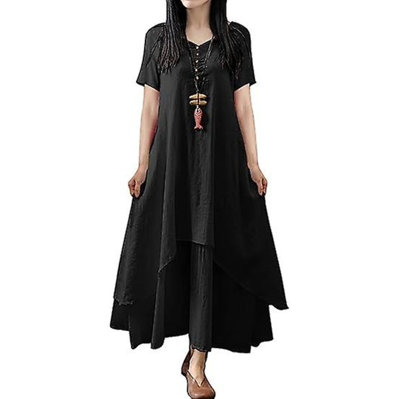 Women’s 2023 Summer Casual Dresses Short Sleeve V Neck Buttoned Decorated Maxi Curved High-low Hem Shirt Dresses M02 | Fruugo SG