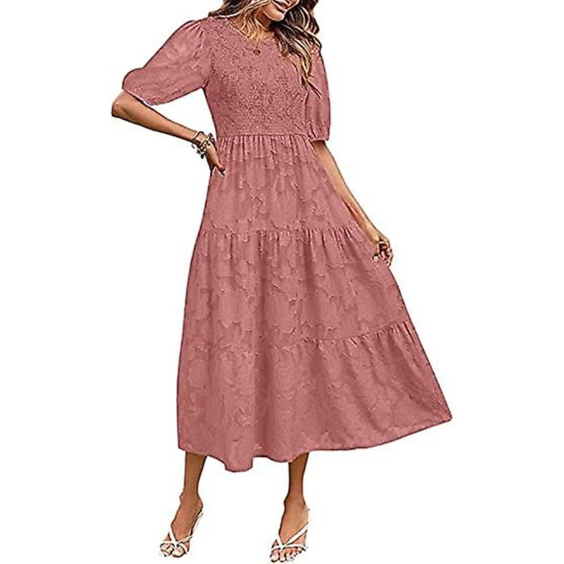 Women’s 2023 Summer Puff Sleeve Smocked Floral Dress Crewneck Lace Midi Dresses Casual Dresses For Women | Fruugo SG