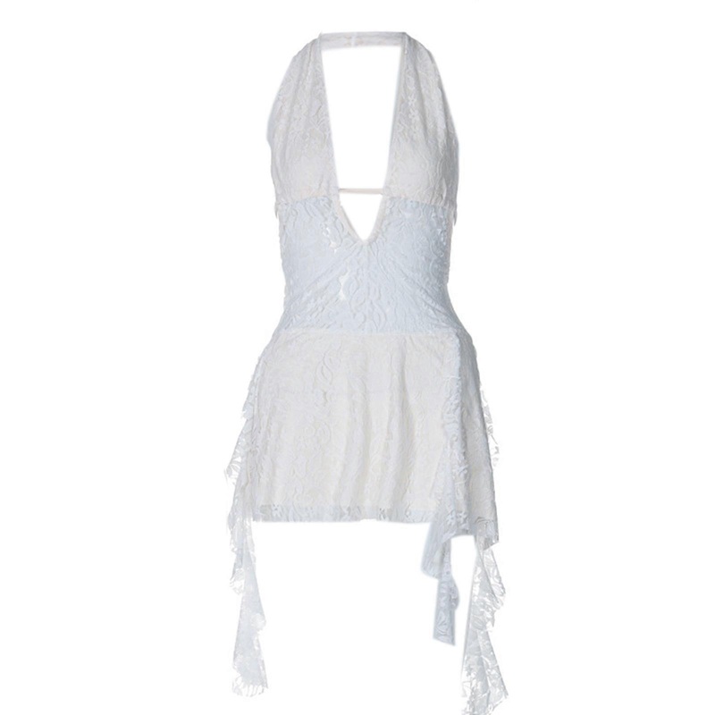Women’s Backless Halter Deep V Neck Dress Breathable and Lightweight Sleeveless Sheer Lace Mini Dress  White S | Fruugo SG