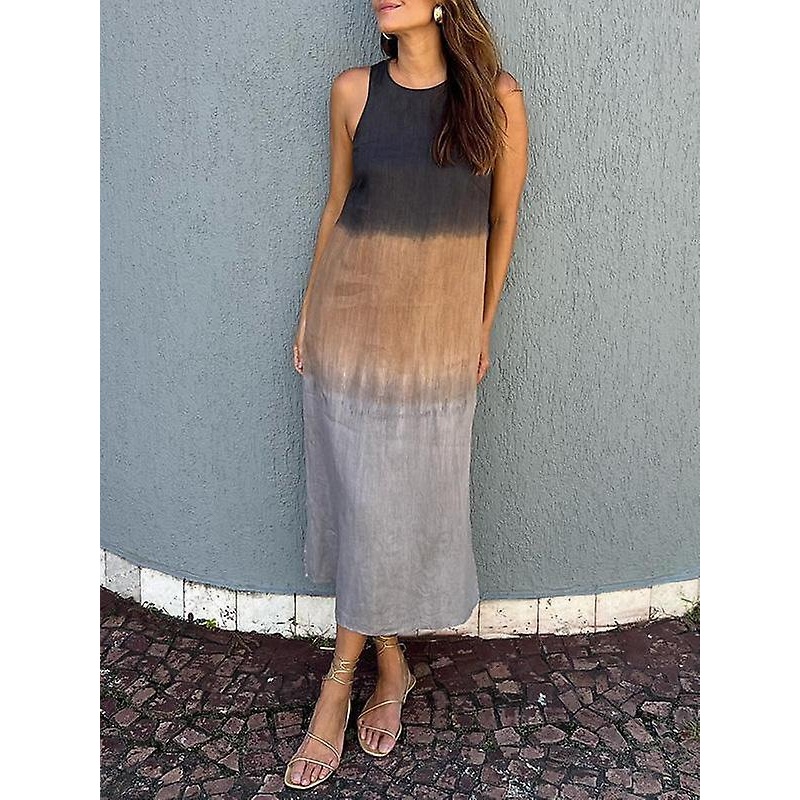 Women’s casual cotton and linen sleeveless slit gradient tie-dye long dress | Fruugo SG