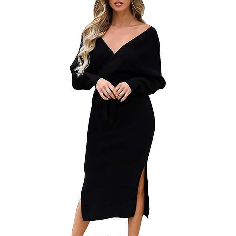 Women’s elegant pullover knit dress V-neck long sleeve belt | Fruugo SG