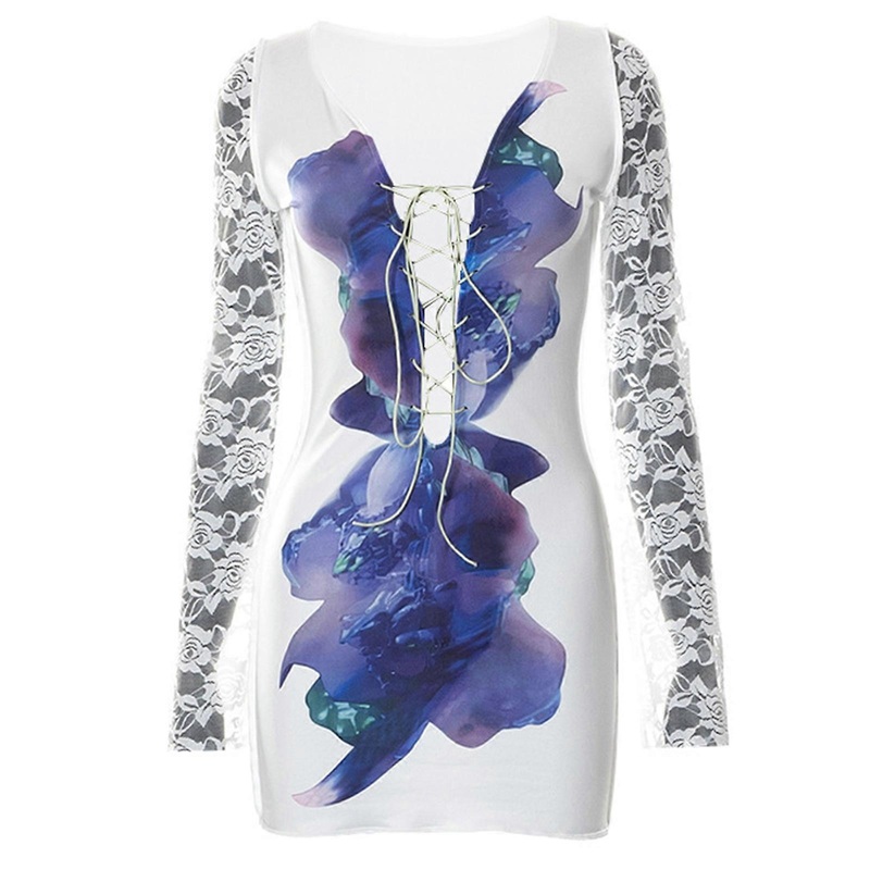 Women’s Lace Up Dress Female Patchwork Mesh Printed Dress Sexy Bodycon Dress Long Sleeves Mini Party Dress for Vacation  White S | Fruugo SG
