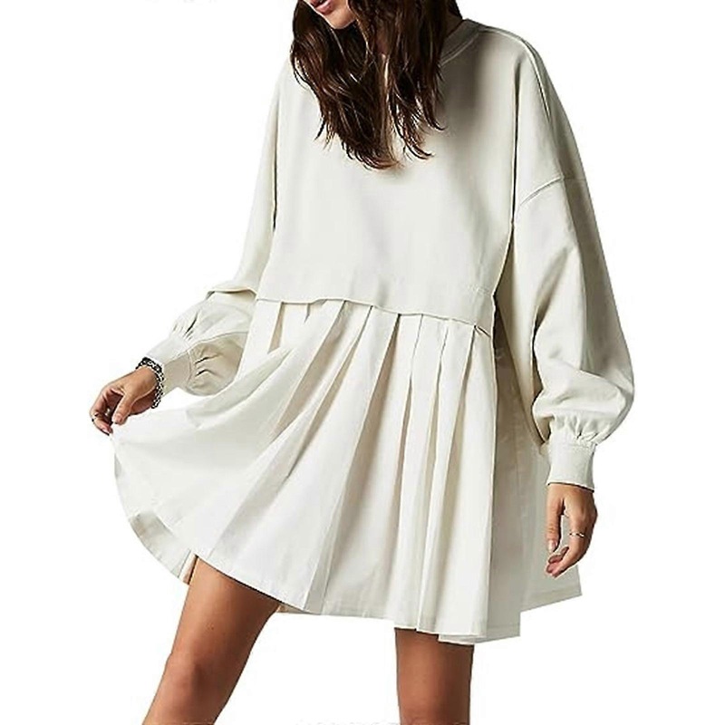 Women’s Long Sleeve Dress Oversized Sweatshirt Mini Dress with Crewneck for Casual Fall Winter Style  White S | Fruugo SG