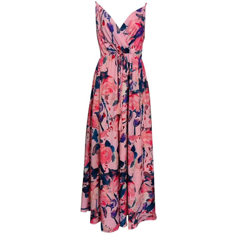 Women’s Sexy Spaghetti Strap Deep V Neck Bohemian Backless Floral Long Dress Sleeveless Beach Party Maxi Dress Sundress  Pink S | Fruugo SG