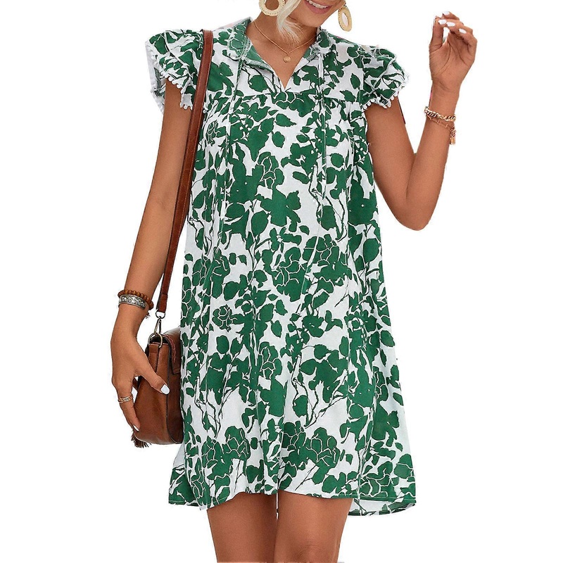 Women V Neck Printed Dress Ruffle Lace Short Sleeved Neckline Tie A Line Dress for Spring and Summer Green S_-sy_-sy | Fruugo SG