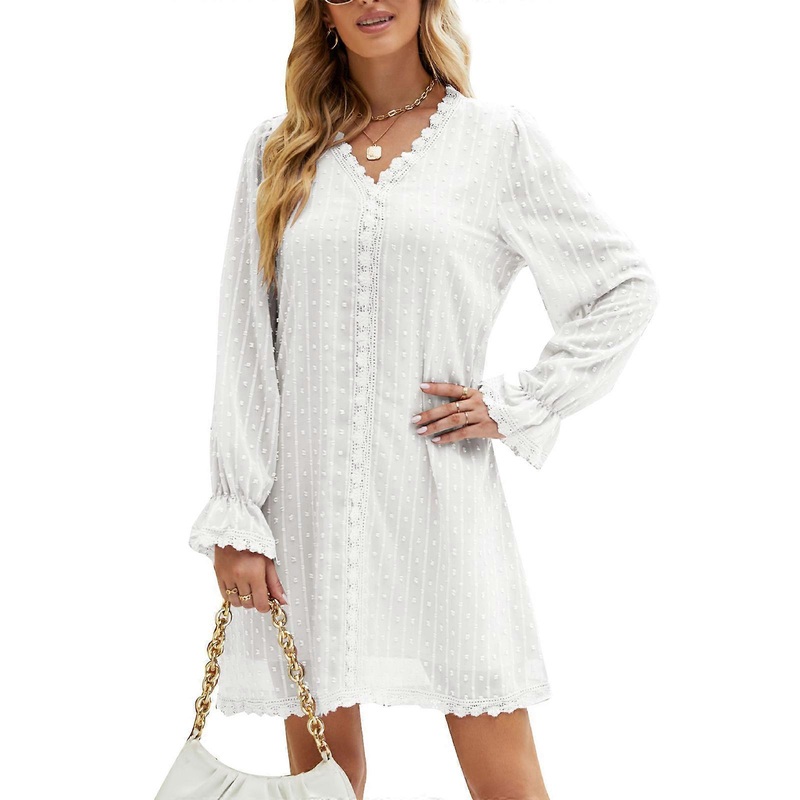 Womens Dress Long Sleeves V-Neck Flowy Mini Dress Small Dot High Waist Chiffon Casual Dress Tunic Dresses Babydoll Dress  White S | Fruugo SG
