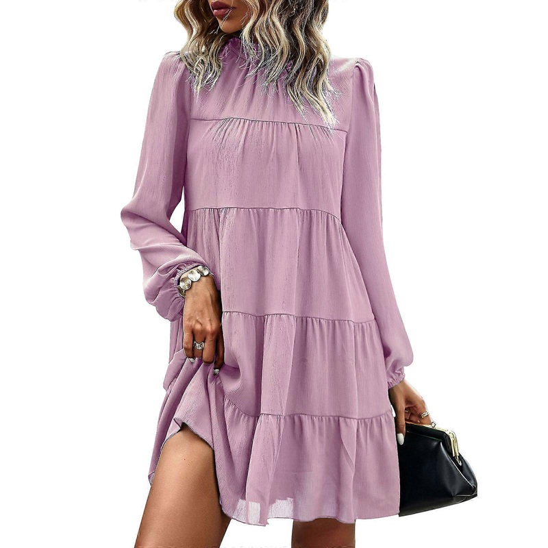 Womens Elegant Tiered Ruffled Midi Dress Vintage Mock Neck Long Puff Sleeve Casual Loose Solid Color A-Line Dresses  Pink XL | Fruugo SG