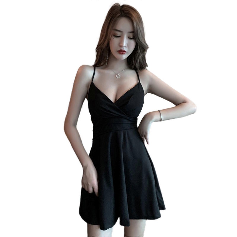 Womens Sexy V Neck Sleeveless Wrap Front Black Cami Mini Flare Dress Spaghetti Straps Empire Waist Pleated Cocktail Party Clubwear | Fruugo SG