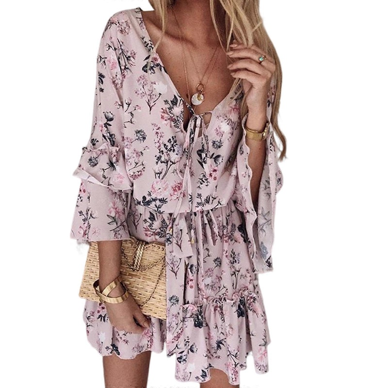 Womens Spring Summer Deep V-Neck Ruffle Short Sleeve Floral Print Mini Dress  Pink XL | Fruugo SG