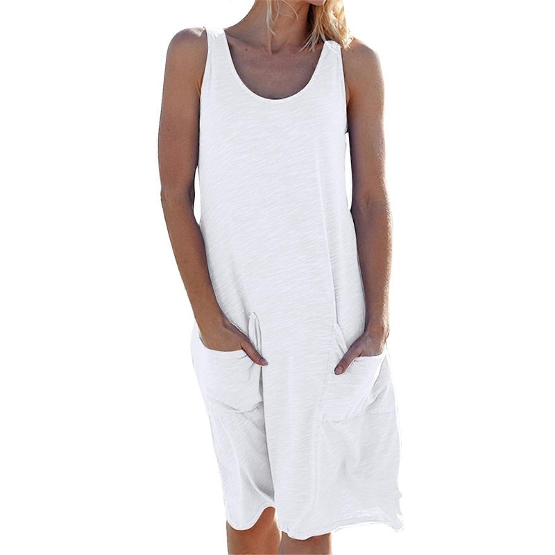 Womens Summer Sleeveless Round Neck Midi Long T-Shirt Dress Casual Loose Fit Solid Color Beach Tank Dresses with Pockets  White S | Fruugo SG