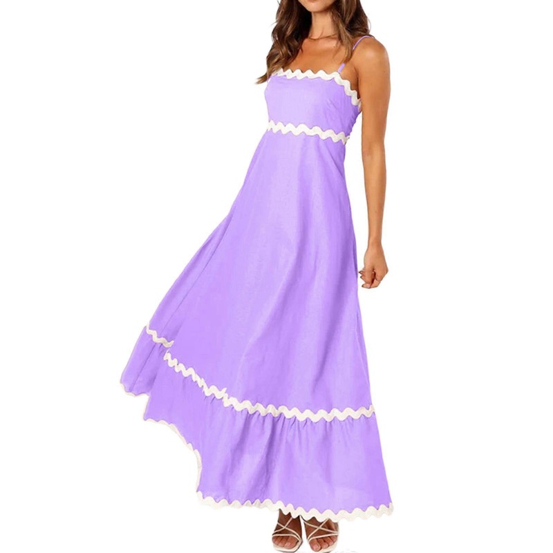 Womens Summer Square Neck Patchwork Long Maxi Dress Casual Spaghetti Strap Beach Dresses  Purple XL | Fruugo SG