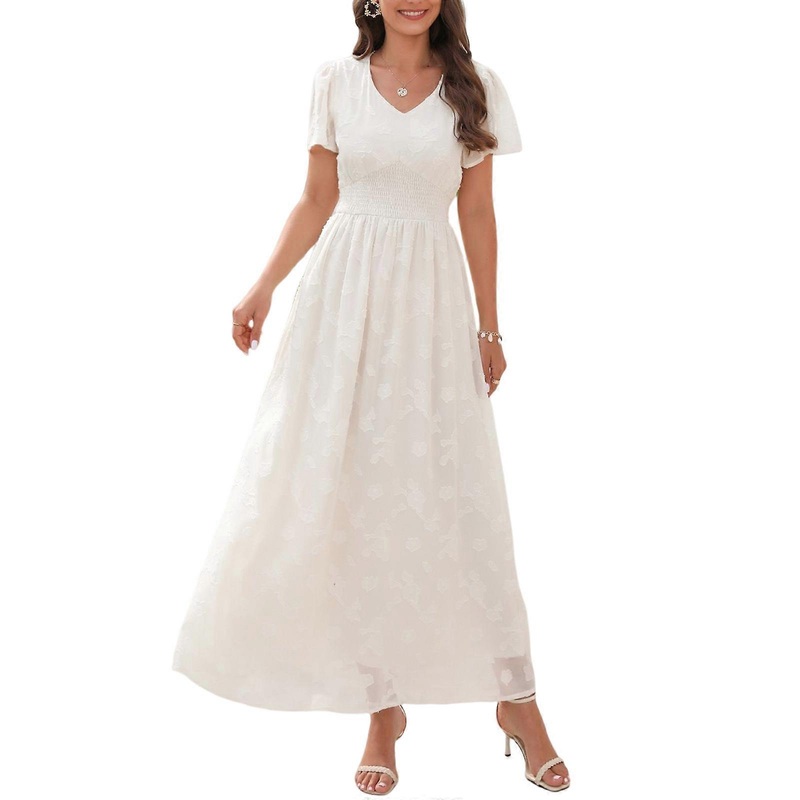 Womens Summer V-Neck Smocked Waist Flowy Long Dress Ruffle Short Sleeve Floral Jacquard A-Line Holiday Swing Dresses  White XL | Fruugo SG