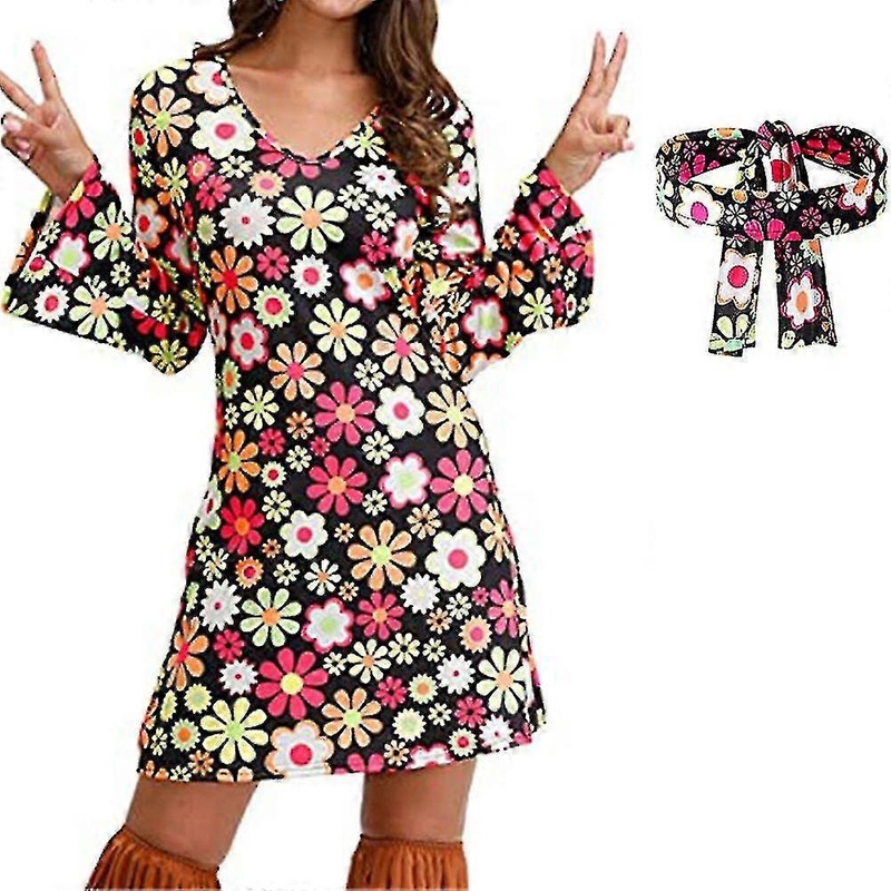 70s 80s Women Hippie Disco Party Long Sleeve Dress + Headband Outfit Set | Fruugo SG