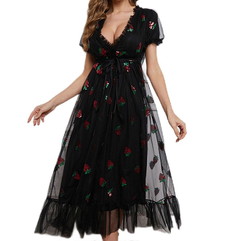 Bohemia Women Maxi Dress Strawberry Print Dress Plus Size Dress Sweet Puff Sleeve Vacation Dress Cute Flounce Mesh Dress  Black XXL | Fruugo SG