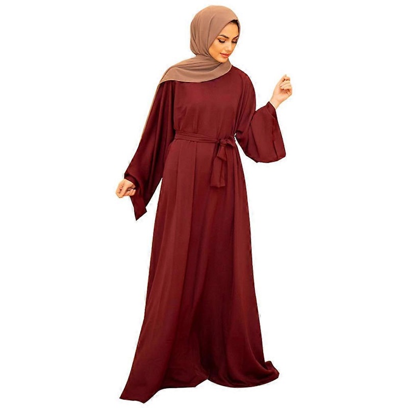 EID Ramadan Long Sleeve Muslim Dress Abayas Lace Up O-Neck Dubai Turkey Islam Clothing Kaftan Robe Gift for Womens Girls  Red wine XL | Fruugo SG