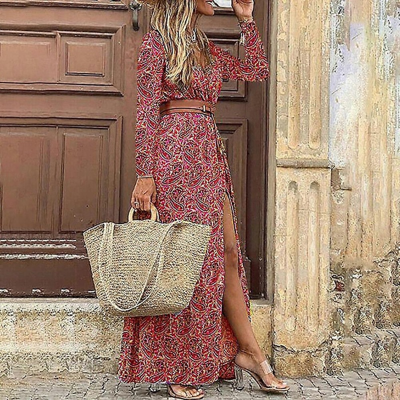 Women’s Bohemian floral long-sleeved V-neck dress | Fruugo SG