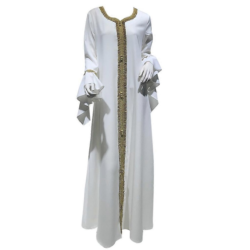 Women’s Colors Optional Casual Ruffle Sleeve Embroidery Dress Loose Abaya Kaftan Ramadan Robes Moroccan Gowns for Party  White XL | Fruugo SG
