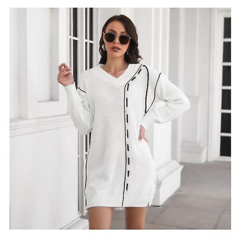 Women’s Dress Fashion Design Sense Drawstring V-neck Long-sleeved Sweater Dress Women’s High Quality Knitted Dress Ladies Autumn And Winter Loose High | Fruugo SG