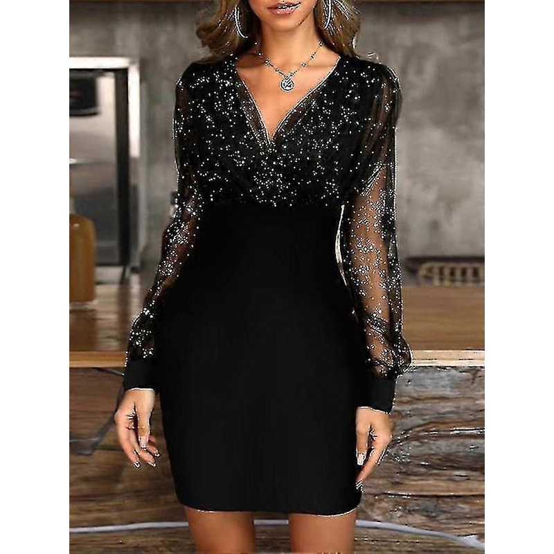 Women’s Sequin Party Dress Bodycon Mini Long Sleeve V Neck Black Purple Wine Winter Fall Spring | Fruugo SG