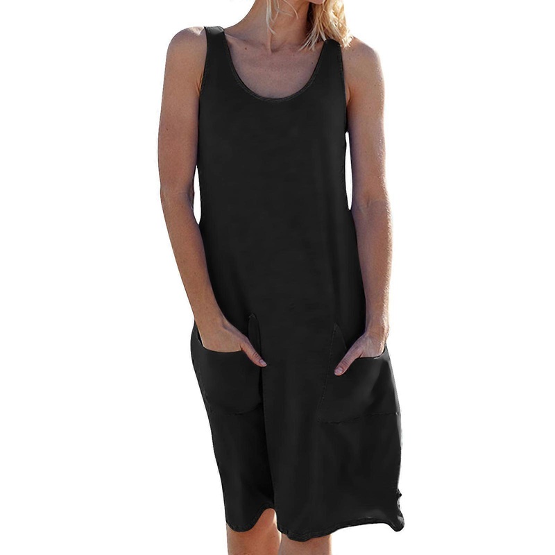 Women Summer Sleeveless Scoop Neck Beach T-Shirt Dress Solid Color Casual Loose A-Line Swing Tank Dresses with Pockets  Black S | Fruugo SG