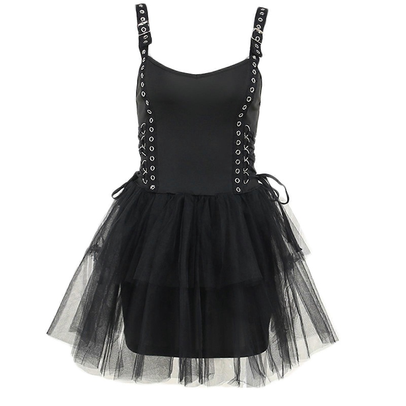 Womens Aesthetic Eyelet Straps Bandage A-Line Mini Cami Dress Gothic Sexy Sheer Mesh Crop Top Party Tulle Puffer Dresses  dress S | Fruugo SG