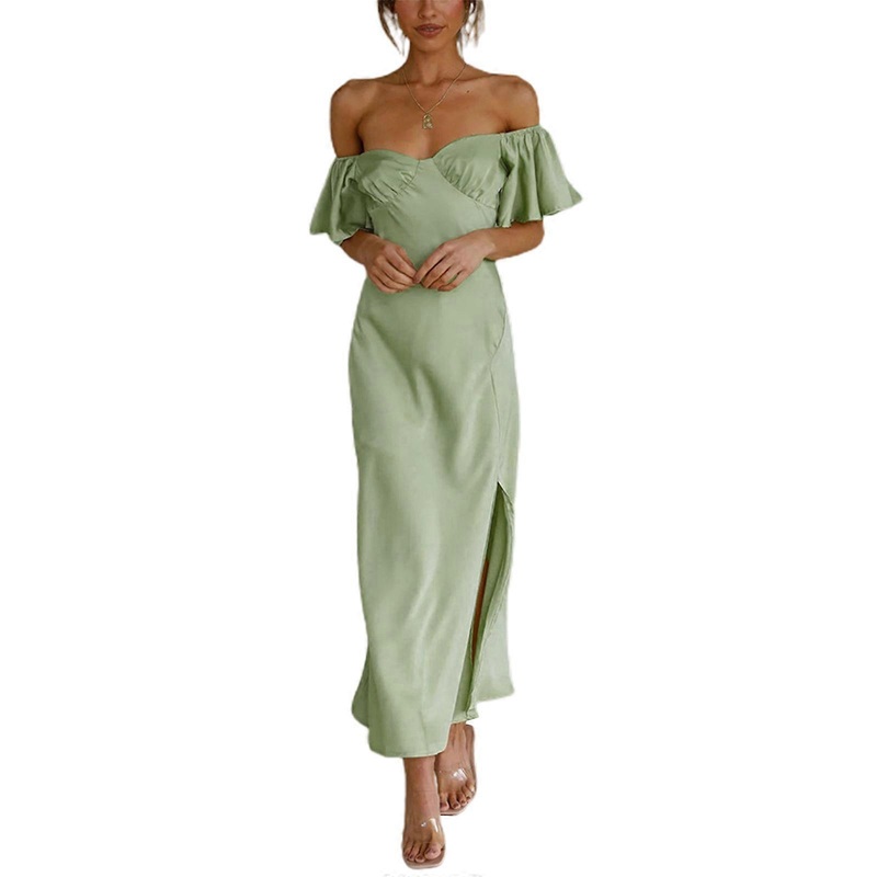 Womens Satin Split Dress Ladies Solid Color Dress Sexy Off Shoulder Party Dress Summer-Beach Dress Female Cocktail Dress  light green S | Fruugo SG