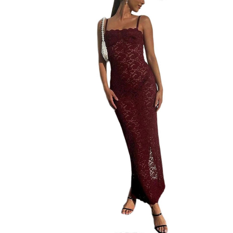 Womens See Through Flower Lace Sleeveless Bodyon Dress Sexy Square Neck Backless Split Back Evening Party Long Dresses  Burgundy XL | Fruugo SG