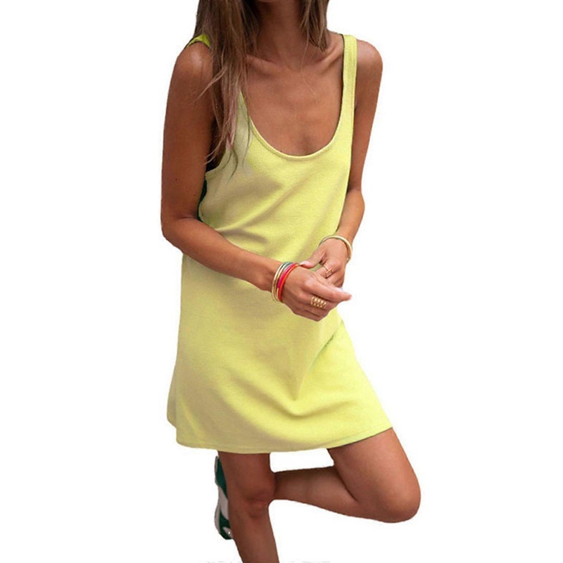 Womens Sexy Backless U-Neck Sleeveless Mini Dress Basic Solid Color Waffle-Knit Summer Skinny Strap Waffle-Knit Dresses  Yellow XL | Fruugo SG