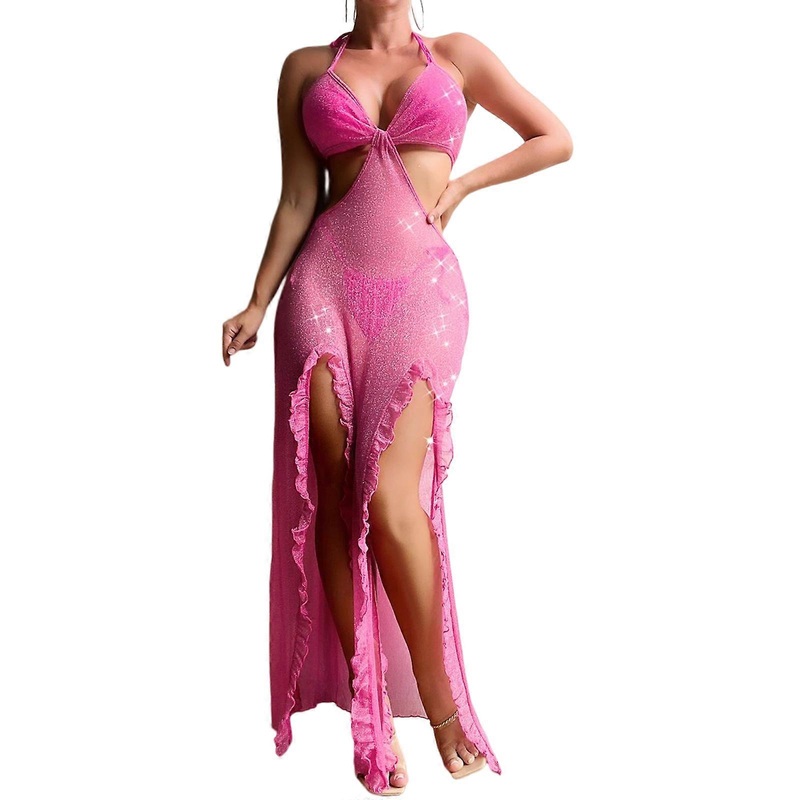 Womens Sexy See-Through Mesh Beach Cover Up Sleeveless Halter V-Neck Backless Cutout Split Ruffle Long Dresses Swimwear  M | Fruugo SG