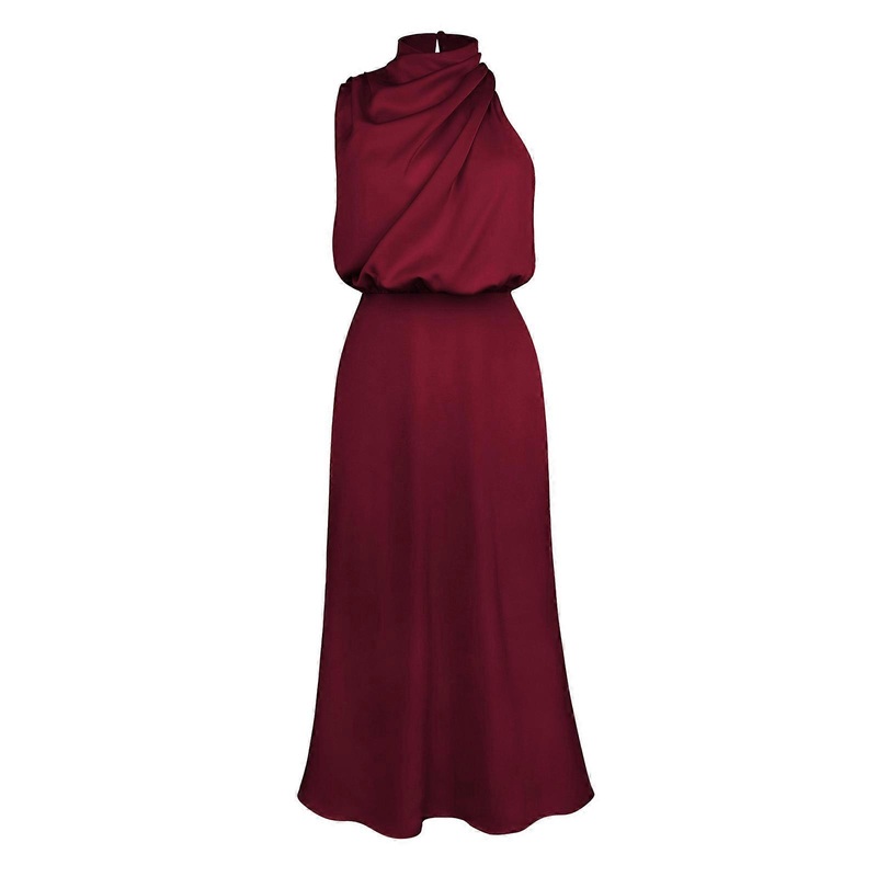 Womens Sleeveless Flared Hem Satin Long Tank Dress Solid Color Asymmetrical Mock Neck High Waist Cocktail Evening Gown  Burgundy M | Fruugo SG