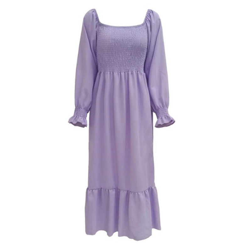 Womens Square Neck Flounce Shirred Ruffled Hem Maxi Swing Dress Puff Long Sleeve Solid Color Off Shoulder A-Line Dresses  Purple L | Fruugo SG