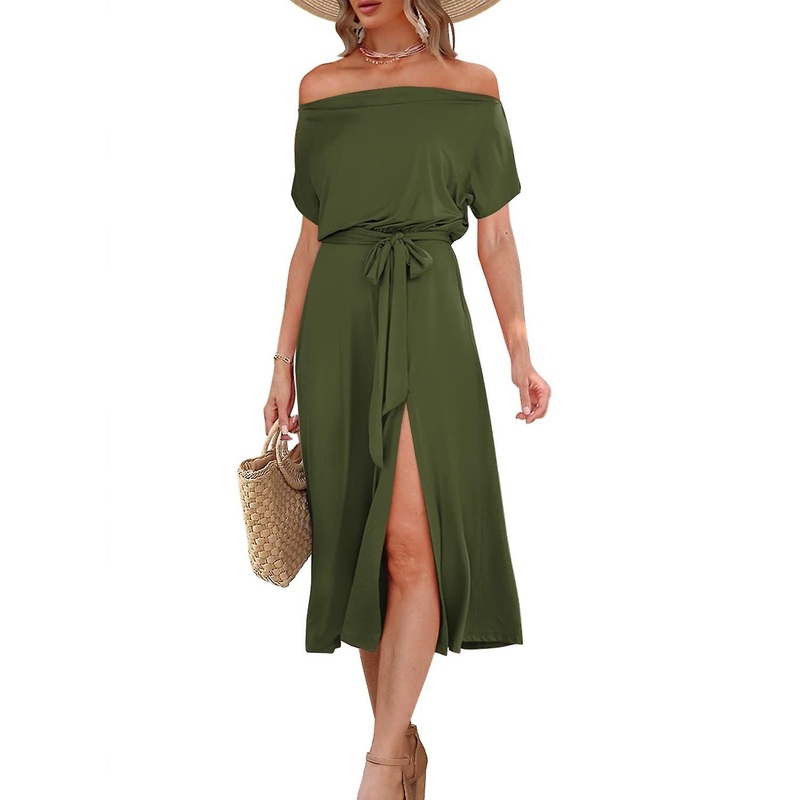 Womens Summer Dress Off Shoulder Short Sleeve Tie Waist Slit Midi Dress with Pocket | Fruugo SG
